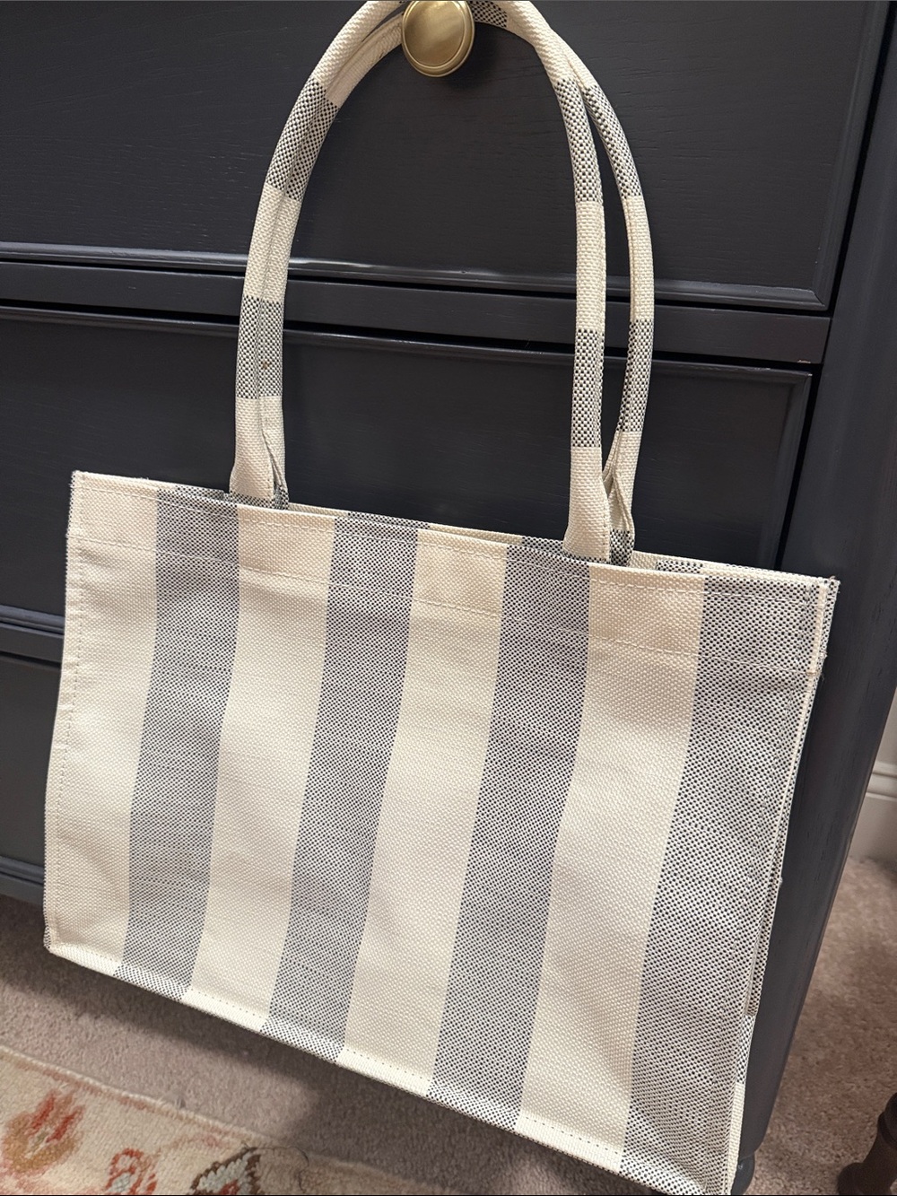 J. Crew Cream and Gray Vertical Stripe Tote